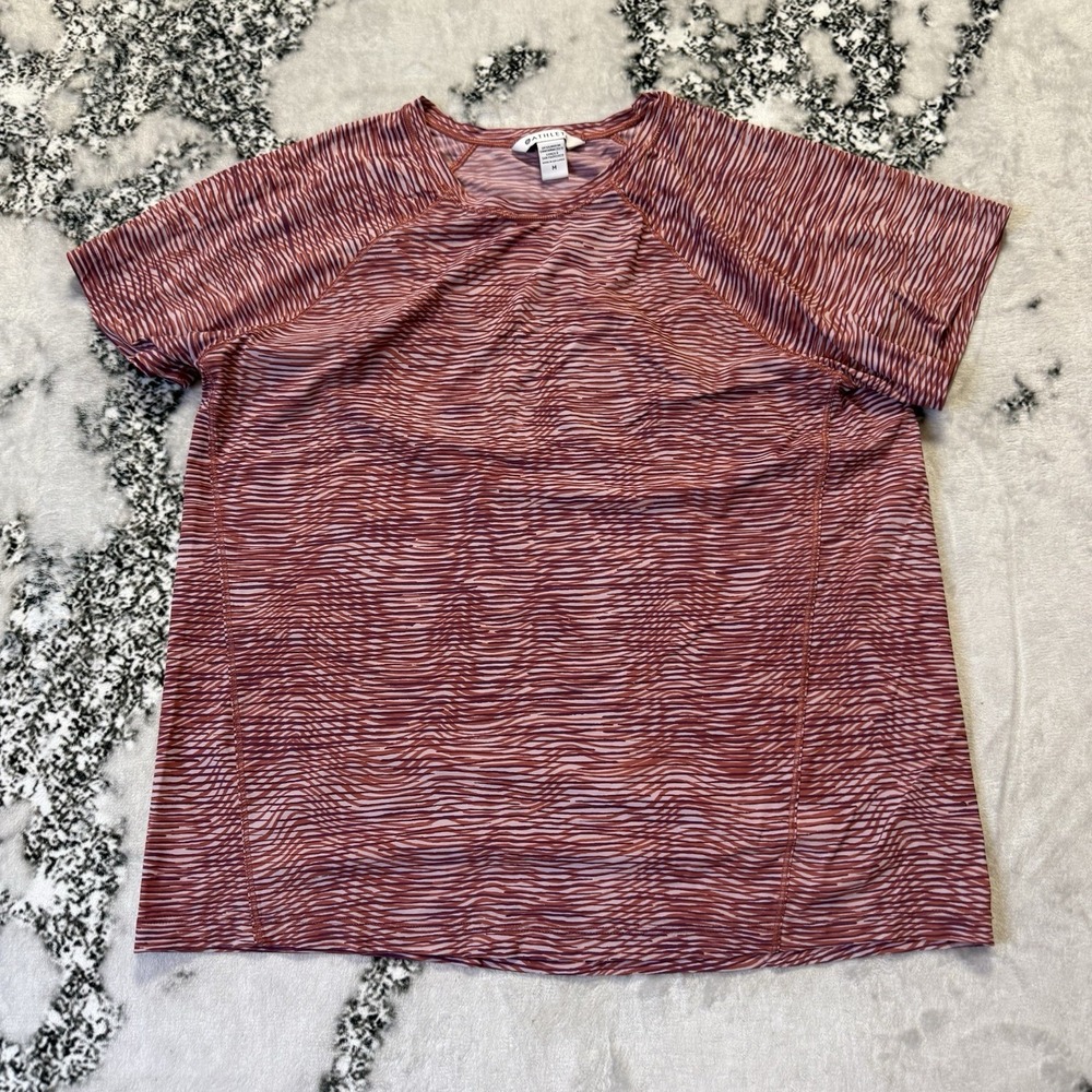 Athleta T-Shirt Womens Size Medium Burgundy Striped Short Sleeve Athletic Top